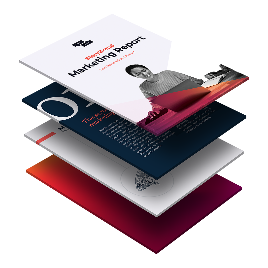 Stacked pages from the StoryBrand Marketing Report showing a personalized marketing assessment with bold colors and a woman working on a laptop.